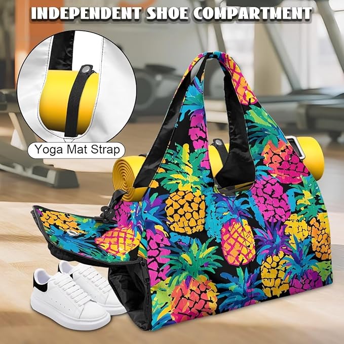 Gym Bag Women with Yoga Mat Holder Strap, Pineapple Gym Duffle Bag with Shoes Compartment, Wet Pocket, Gym Backpack Carring Workout Stuff Accessories