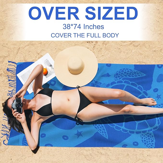 Genovega Oversized Turkish Beach Towel 72"x36" for Adult, Lightweight Quick Dry Bath Pool Swim Blanket, Sand Free with Compact Travel Essentials, Blue Turtle Vacation Cruise Must Haves Clearance
