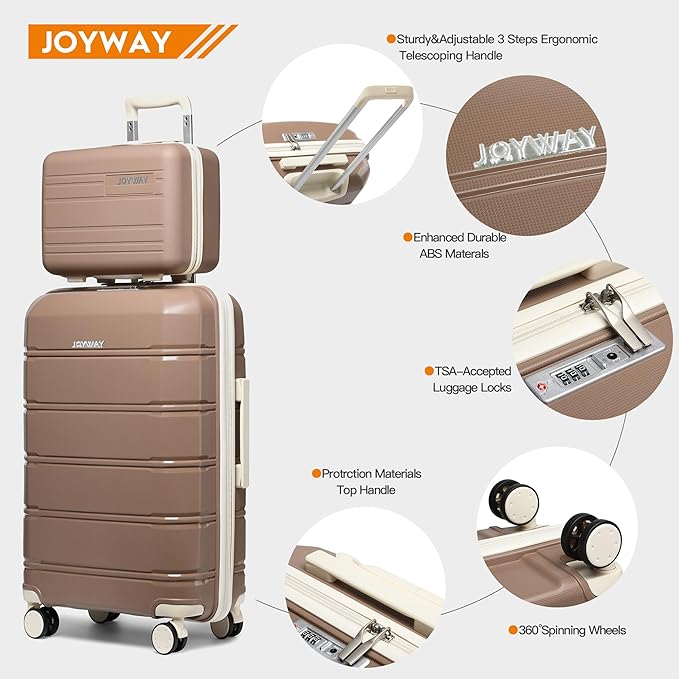 Joyway 20 Inch Carry On Luggage with TSA Lock, Durable Hardshell Suitcase for Travel, Unisex Checked Set for Men and Women Chocolate
