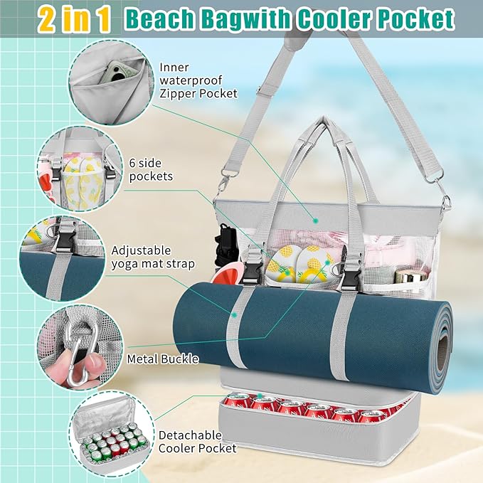 SelfTek Beach Tote Bag with Cooler compartment, Waterproof Sandproof Daily Pool Swim Travel Essentials