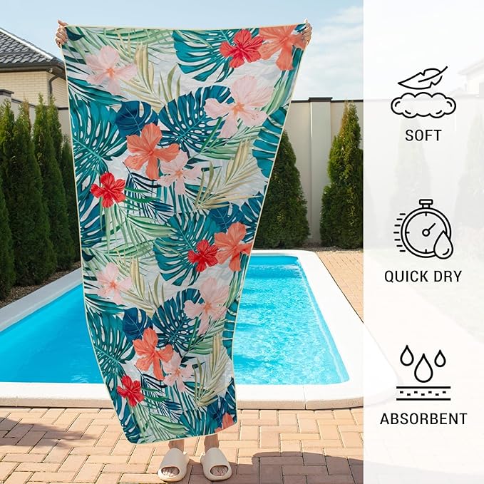 Gogreen Quick Dry Sand Free Beach Towel for Travel Pool Lightweight 71x32 in Absorbent Microfiber Oversized Towels Yoga Bath Camping Sport - Stylish Unique Gift - Red Flower