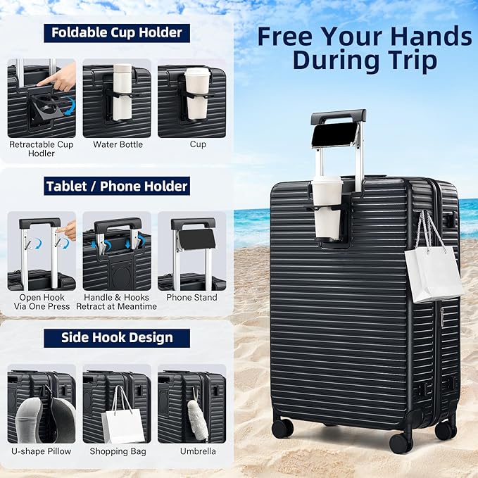 Hard Shell Expandable Luggage Sets 2 Piece with Spinner Wheels Cup Holder, Top Opening Lightweight Luggage Rolling Suitcase with Lock, Carry On And Checked Luggage Set 2 Piece (Black, 20/28)