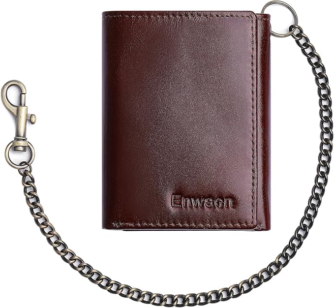 Trifold Mens Wallet with Chain, Genuine Leather Wallet RFID Blocking Anti-Theft Chain for Biker