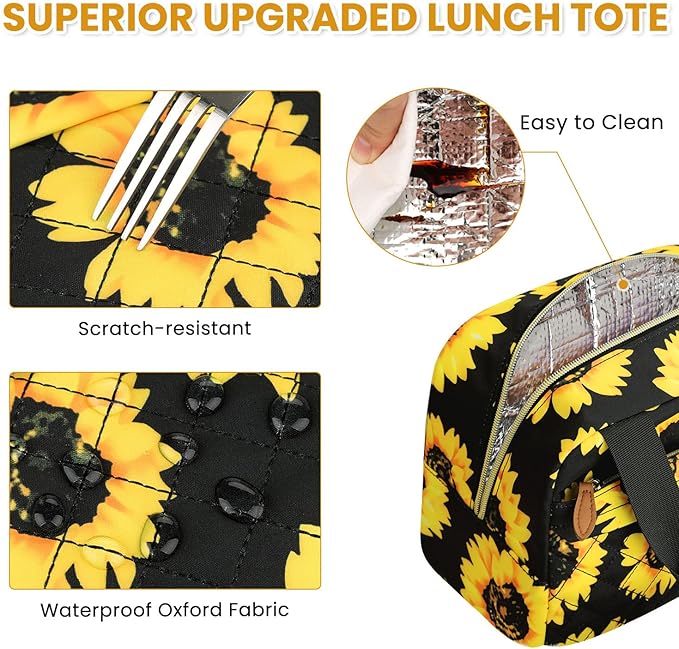 Insulated Lunch Bag for Women, Portable Lightweight Lunch Box for Adults, Reusable Small Lunch Tote Cooler Bags with Front Zipper Pocket for Work School Picnic(Sunflower)