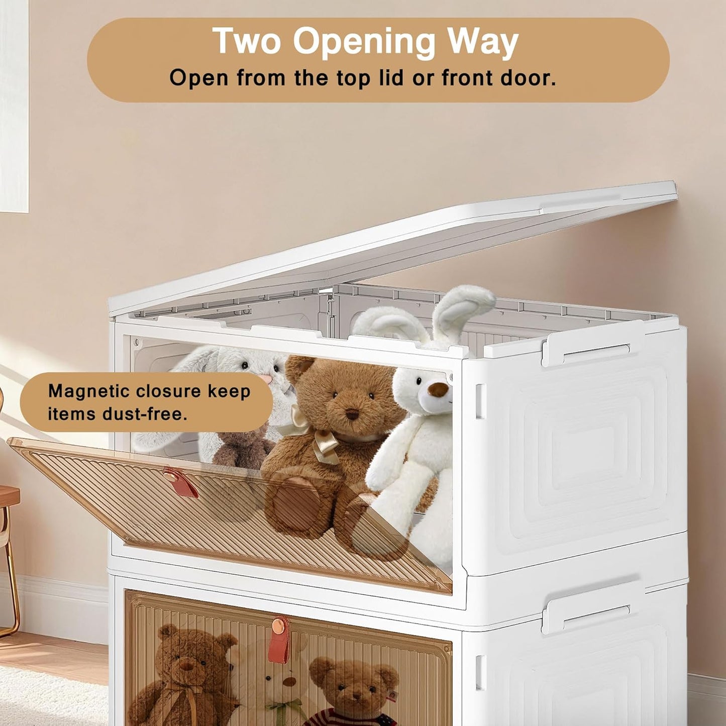 VECELO 3 Tier Stackable Storage Boxes with Magnetic Doors & Wheels, Foldable Storage Containers, 23 QT Closet Organizers for Living Room, Office, Dorm