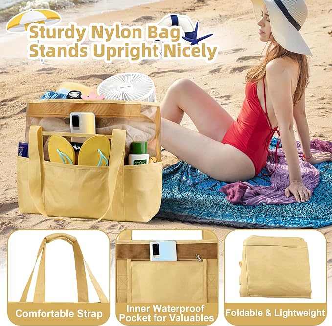 Mesh Beach Bag - Large Waterproof Beach Tote Bag with Zipper, Oversized Foldable Lightweight Family Swim Bag Vacation