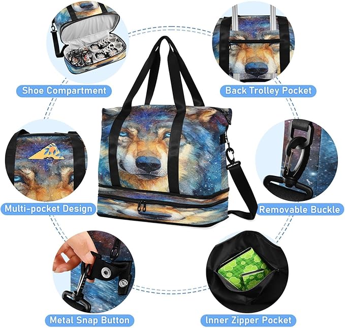 Travel Duffel Bags for Women Cosmic Wolf Portrait Print Sports Duffel Bags Gym Bags with Shoes Compartment Tote Bag Weekender Bag for Travelling