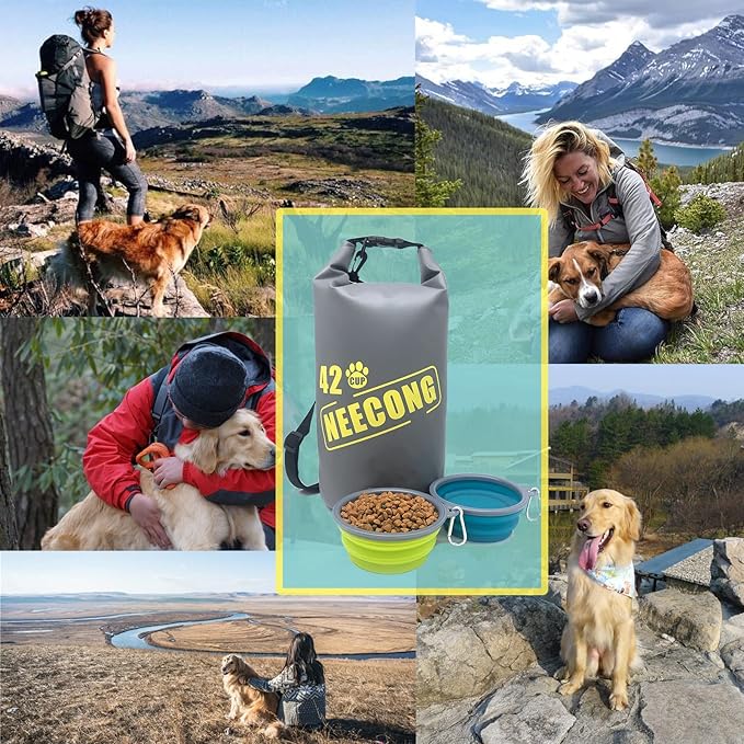 Dog Food Travel Bag With Collapsible Travel Bowls, 42 Cup Dog Food Storage System for Camping, Everyday-10L Food Dry Bag