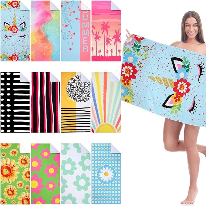 Newwiee 12 Pieces Microfiber Beach Towel Set Quick Dry 59 x 27.5 Inch Lightweight Bulk Colorful Soft Absorbent Pool Towel for Adults Travel Beach Swimming Supplies(Blue Unicorn)