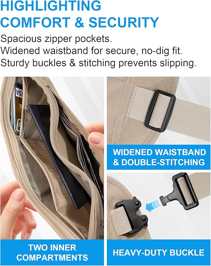 Hidden Money Belt for Travel, RFID Blocking, Sweat-Proof, Heavy-Duty Buckle, 3rd Gen Waist Wallet Anti Theft to Protect Cash, Credit Cards and Documents Under-Clothes for Men & Women, Beige