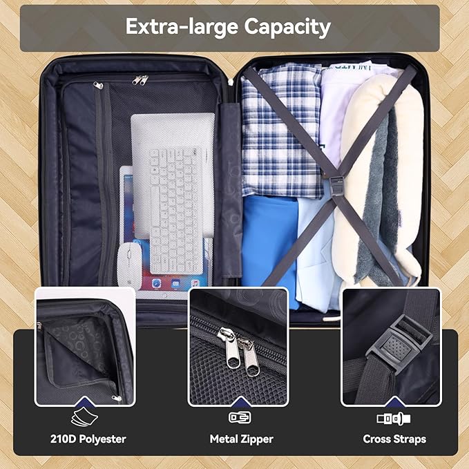 HOTEEL Expandable 5 Piece Luggage Set (4-YEARS WARRANTY) ABS+PC Hardshell Carry on Suitcase Silent Universal Wheels & TSA Lock for, Unisex Rolling Suit Case, for Travel, Family, Black (20/24/28/DB/TB)