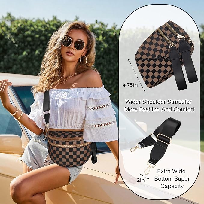 Spacious Nylon Checkered Crossbody Bum Bag for Women, Fashion Checkerboard Fanny Pack Purse with Anti-theft Pocket, Adjustable Wider Strap Wasit Bag (Black-Brown)