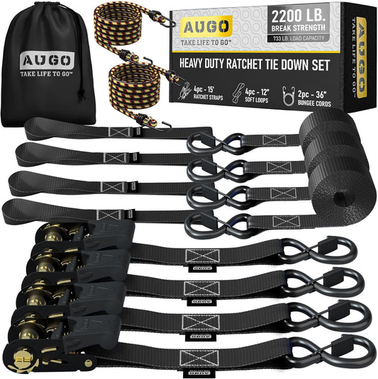 AUGO Ratchet Straps Heavy Duty 4 Pack -15 FT - 2200 LB Break Strength – with Safety Lock S Hooks - Cargo Straps for Moving, Appliances, Motorcycle – Soft Loop Tie Down Straps