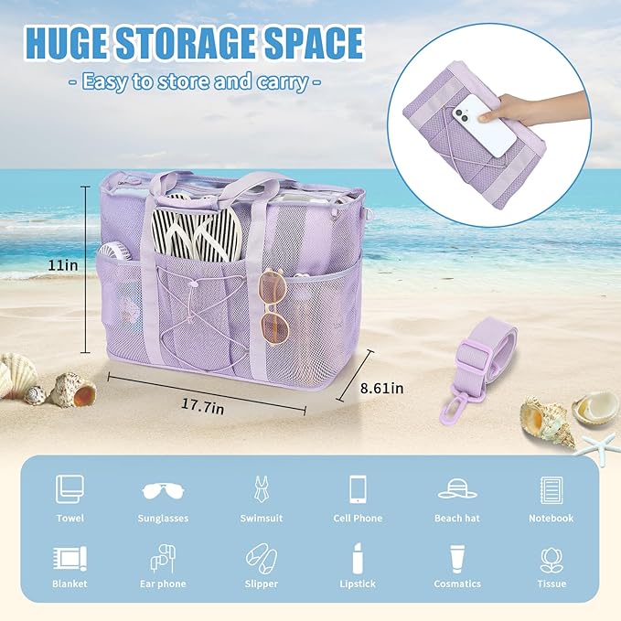 Mesh Beach Bag, Foldable Extra Large Beach Bags with Zipper Pool Bag with Portable Phone Pouch for Vacation Pool