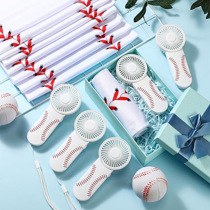 24 Pcs Sport Gifts, Includes 12 Pcs Cooling Towels 40"x12" Workout Towels, 12 Portable Fan Mini Handheld Fan for Team Gift Sport Party Favors, Battery Not Include(White,Baseball)
