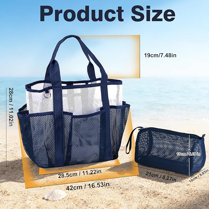 Genteen Mesh Beach Bag, Waterproof Lightweight, Beach Tote with Zipper Pocket for Family Pool Bag for Toys & Vacation Essentials-Blue