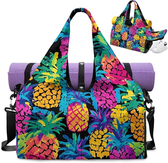 Gym Bag Women with Yoga Mat Holder Strap, Pineapple Gym Duffle Bag with Shoes Compartment, Wet Pocket, Gym Backpack Carring Workout Stuff Accessories