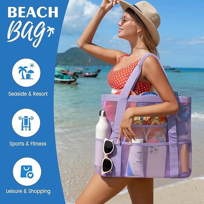 Beach Bag - Mesh Beach Bag Large 8 Pockets, Beach Tote Bag Beach Essentials for Vacation Must Haves