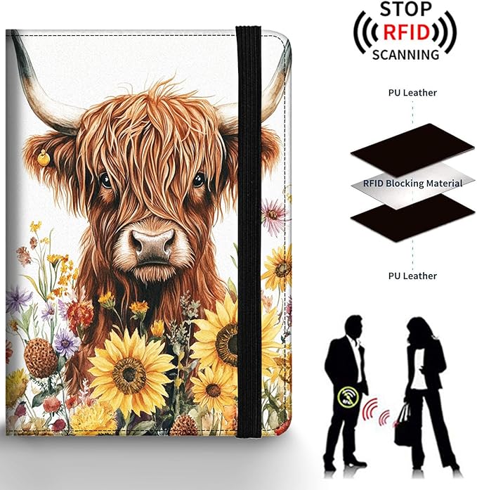 Passport Holder Wallet Cover Case,RFID Blocking Passport Cover,Large Capacity Travel Wallet with Multi Card Slots (Sunflower Highland Cattle)