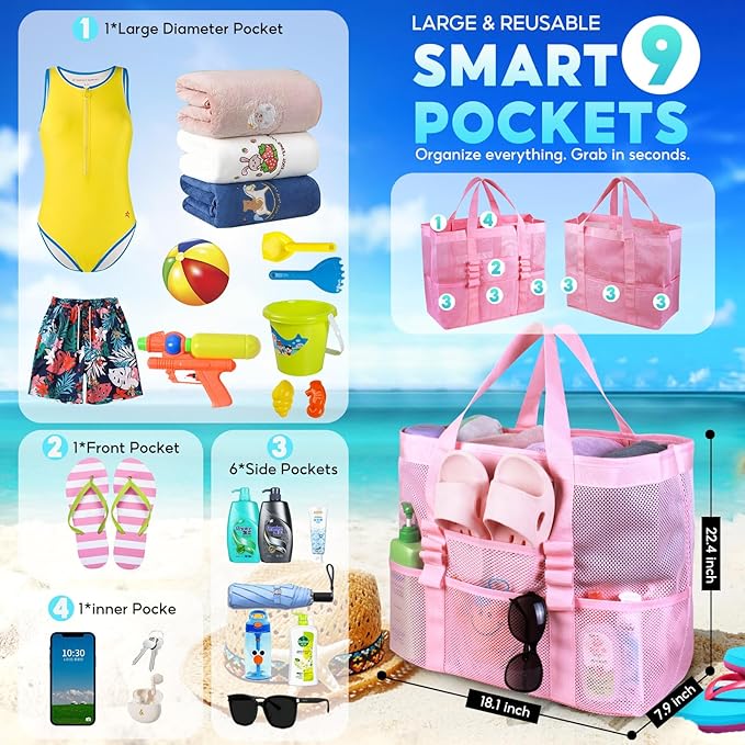 Large Mesh Beach Bag – Lightweight Beach Tote with 9 Pockets, Beach Bag for Women, Men, Family Essentials