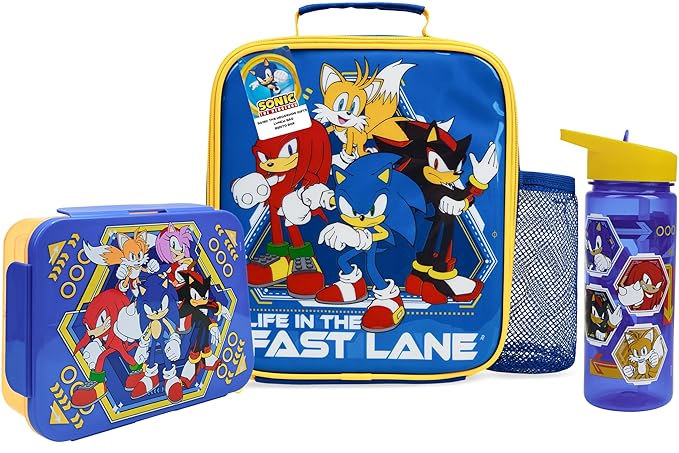 Get Trend Sonic the Hedgehog Lunch Bag, Lunch Box, Water Bottle for Kids 3 Piece Set Bento Box, Insulated Snack Container, Shadow Gifts for Kids (Multi Sonic)