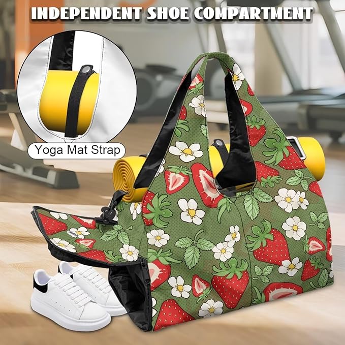 Strawberry Gym Bag with Shoe Compartment and Yoga Mat Holder, Waterproof Daisy Duffel Bag with Pockets Green Workout Bag for Men Fitness Workout Sports Bag