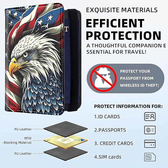 RFID Security Premium Passport and Travel Document Holder Combo, Slim PU Leather Folio Wallet with 3 Card Slots & Boarding Pass Pocket, Secure Elastic Closure Organizer, American Flag Eagle