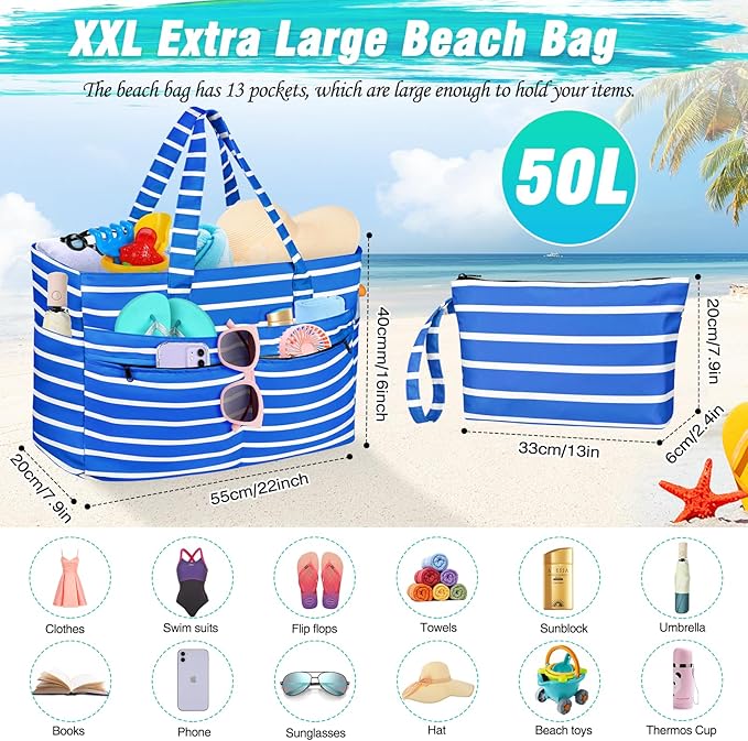 HUANLANG Extra Large Beach Bag Waterproof Beach Totes Bags for Women Men,Pool Bag with Zipper Wet Pocket