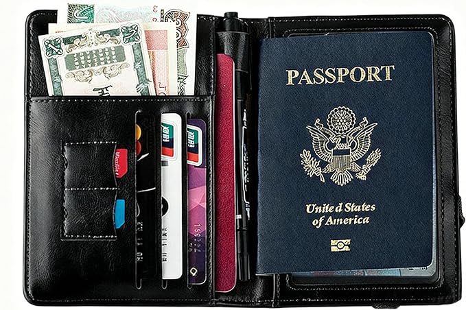 Genuine Leather Passport Holder Cover - RFID Blocking Travel Wallet & Passport Case with Pen Holder, Dual SIM Card Slots & Boarding Pass Pocket for Men & Women,Family Travel Essentials, Retro Style