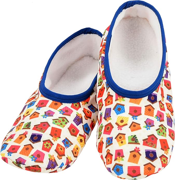 Snoozies Skinnies Animal slipper socks for Women Non-Slip Lightweight Soft Sherpa Lining- Foldable Travel (Bird House, Small)