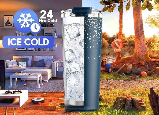 Meoky 24 oz Travel Coffee Mug with Leak-proof Lid, Stainless Steel Insulated Coffee Tumbler, Keeps Hot for 8 Hours or Cold for 24 Hours, Fits in Car Cup Holder (Midnight Galaxy)