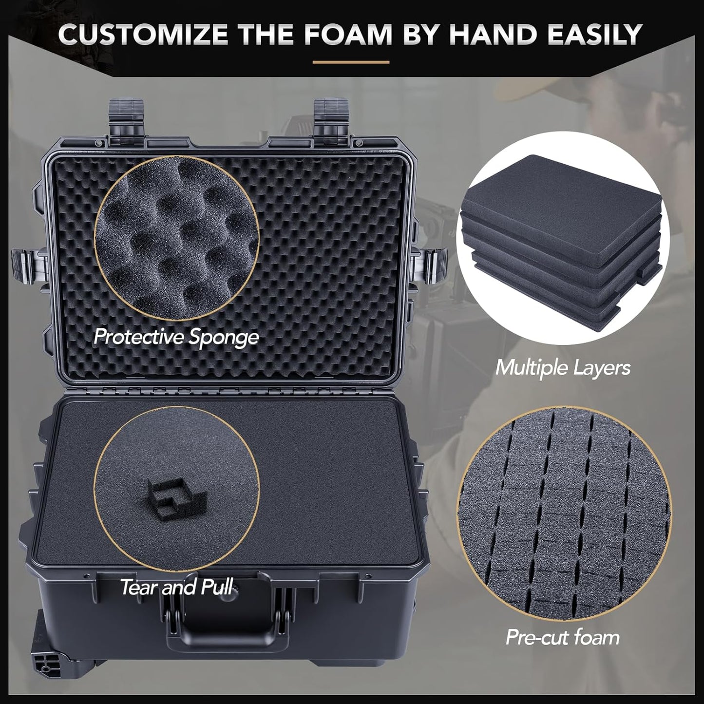 Lykus HC-5220 Waterproof Hard Case with Wheels and Customizable Foam, Interior Size 20.5x14.2x9.7 inch, Suitable for camera, lens, drone, mic, flashlight, projector, electronics, tools, and more