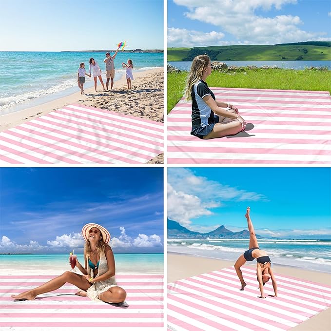 BEW Beach Blanket Sandproof Waterproof, Pink Striped Picnic Blanket Extra Large 9 Ft X 10 Ft for 8 Adults with Stakes and Sand Pocket, Compact Lightweight Sand Free Beach Mat Essential