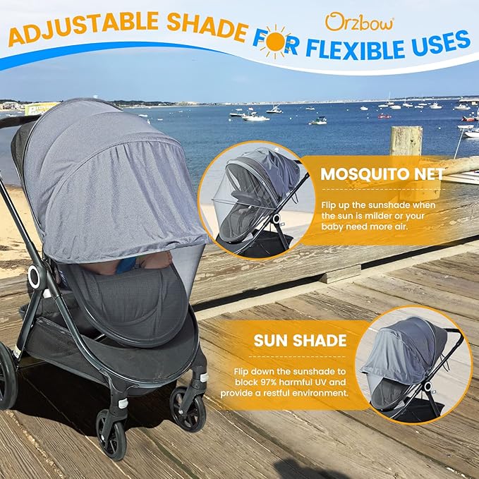 Orzbow Baby Mosquito Net with Sun Shade UPF50+ for Stroller, Universal Stroller Mosquito Netting Privacy Cover with Two-Way Zipper and Storage Bag for Car Seats, Bassinets, Cradles, Mini Cribs, Grey