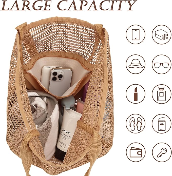 Beach Bag for Women with Outer Pocket, Waterproof Large Tote Bag for Cruise Essentials