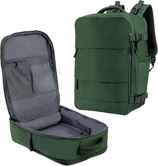 (Not Made In China) Travel Backpack For Men and Women, Airline Approved Carry On Bag w/Shoe Compartment, Holds 15.6" Laptop, USB Charging Port (Columbus, Green, 2 Pack)