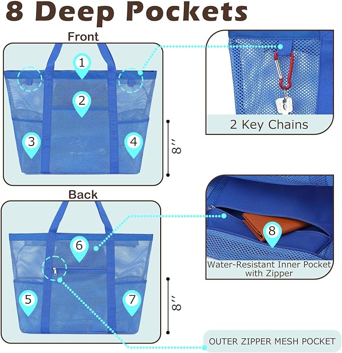 Mesh Beach Bag with Zipper, Large Beach Tote for Women, Toys Pool Swim Bag Travel Vacation Cruise Essentials