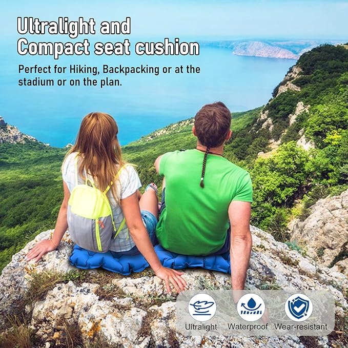 Inflatable Seat Cushion, Lightweight Stadium Seat Pad, Travel Air seat Cushion Anti-Slip for Airplane, Hiking, Climbing, Home and Camping,Blue