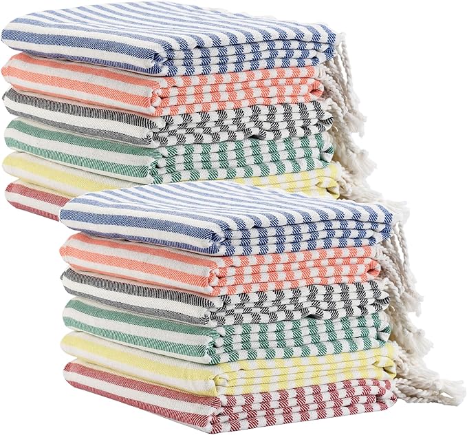 12 Pack Turkish Striped Beach Towels Bulk Oversized 39"x71" Large Bath and Pool Set Quick Dry Lightweight Travel Towel for Adult,100% Cotton