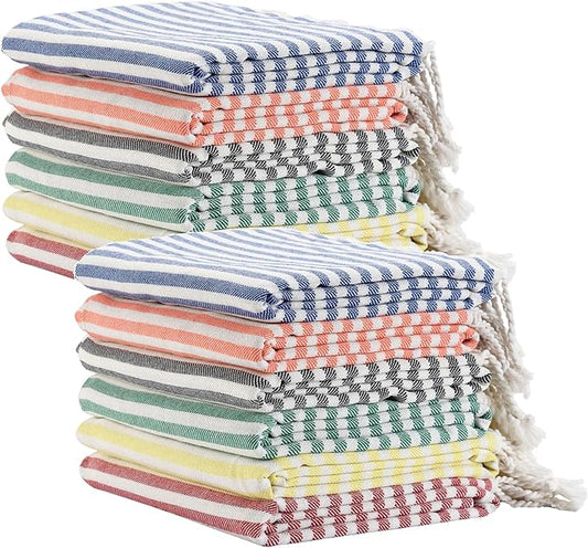 12 Pack Turkish Striped Beach Towels Bulk Oversized 39"x71" Large Bath and Pool Set Quick Dry Lightweight Travel Towel for Adult,100% Cotton