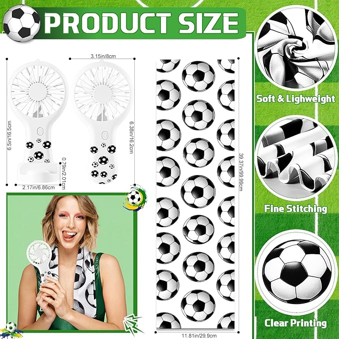 Woanger 24 Pcs Soccer Cooling Towels and Fans Sets Mini Handheld Fans Bulk 3 Speeds USB Lash Towel for Soccer Gifts for Sporting Team Games Party Favor