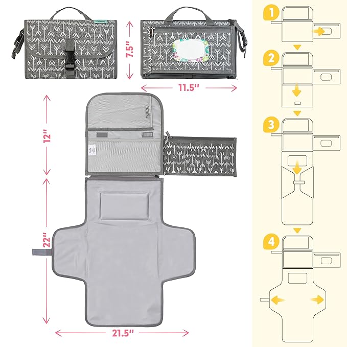 Kopi Baby Portable Diaper Changing Pad-Baby Diaper Changer Travel Bag with Wipes Pocket, Smart Design Portable Changing Mat, Infant Travel Station Kit, Gift for Newborn Girl & Boy-Grey Arrows, Classic