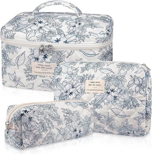 Quilted Makeup Bag Set, Large Floral Cosmetic Bag for Women, Cute Cotton Makeup Bag, Flower Travel Toiletry Organizer Bag. (Navy Blue)