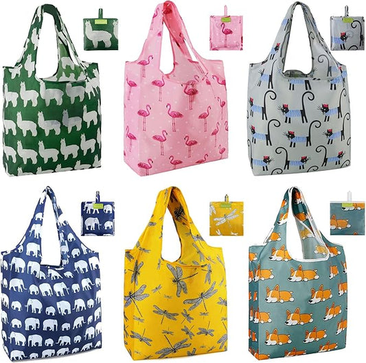 BeeGreen Animal Reusable Shopping Bags Cute Grocery Bag 6 Pack, Christmas Gift Bags Heavy-Duty Foldable Shopping Totes for Supermarket, Work & Travel, Large Washable Polyester Tote Bag with Handles