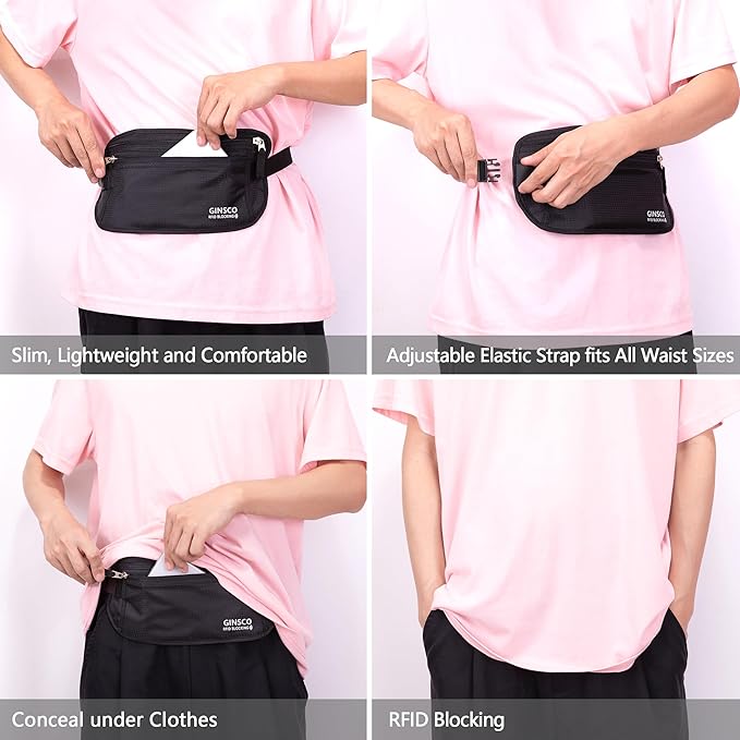 Money Belt for Travel Women Hidden Ginsco Slim RFID Blocking Passport Holder Unisex Travel Money Belt Under Clothes Anti Theft Travel Hidden Wallet for Travelling Workout Running Black 11''