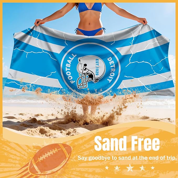 Football Fan Thin Lightweight Microfiber Beach Towel Detroit Themed Large Sand Free Oversized Quick Dry Absorbent Towels Men Women Lions Team Son Brother Christmas Xmas Birthday Cool Useful Nice Gifts