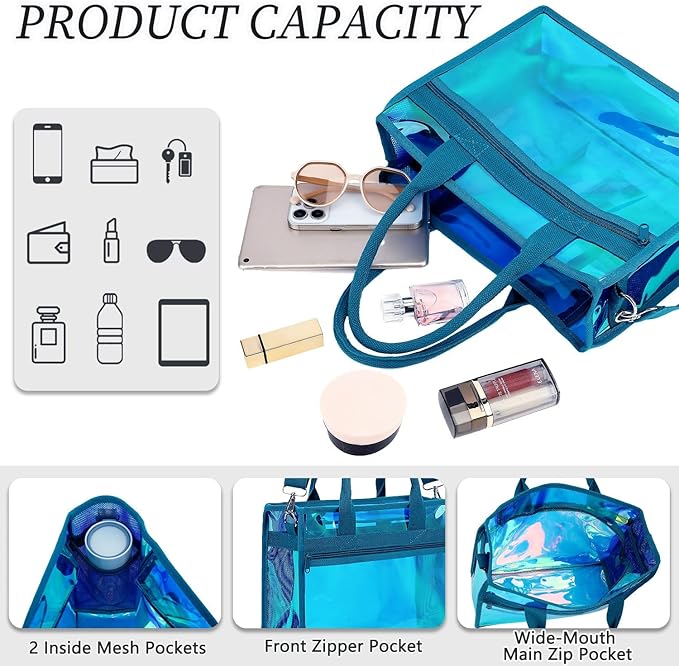 Iridescent Clear Beach Bag for Women, Large Pool Tote Cruise Vacation Essentials - Waterproof, Zipper Closure