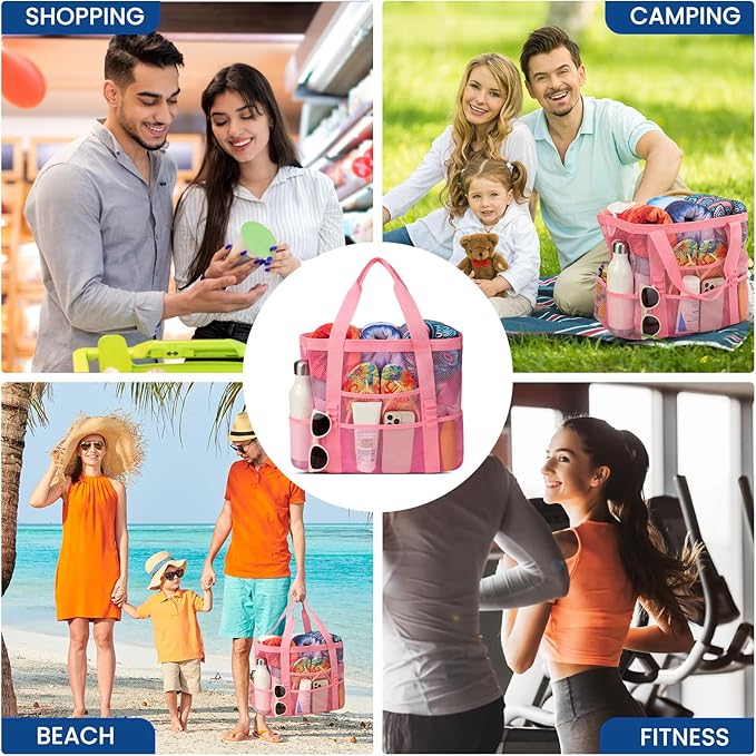 Beach Bag - Mesh Beach Bag Large 8 Pockets, Beach Tote Bag Beach Essentials for Vacation Must Haves