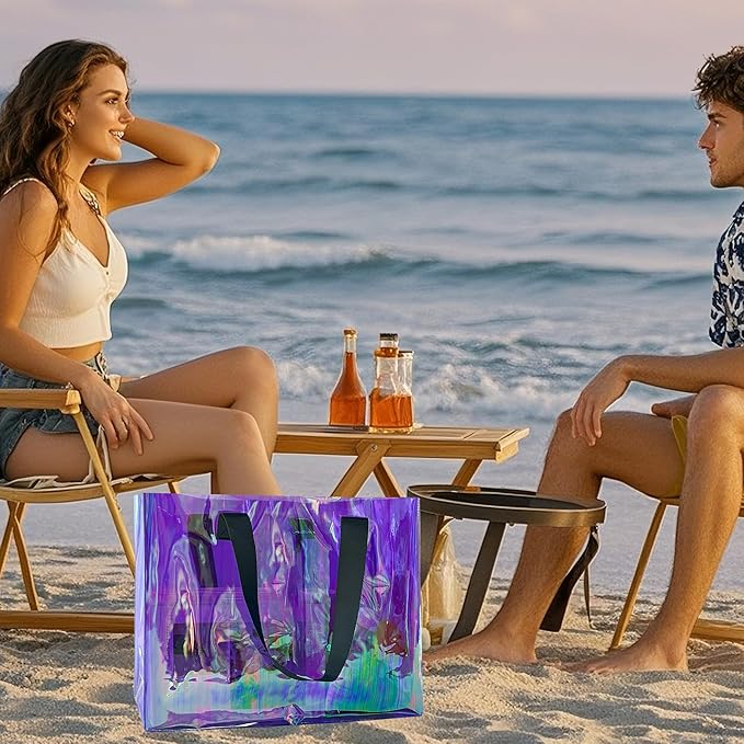 Holographic PVC Beach Bag Waterproof - 18×13×6inch Large Clear Tote for Women Men Pool Travel Sandproof Carry All