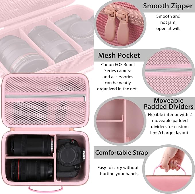 khanka Camera Case for Canon EOS Rebel T7/T100/T6/R50/R100/R5/R7/R8/R6 Mark II/SL3 DSLR Camera,Travel Protective Carrying Case for Canon EOS Rebel Camera and 18-55mm/18-45mm Lens(Pink Case Only)